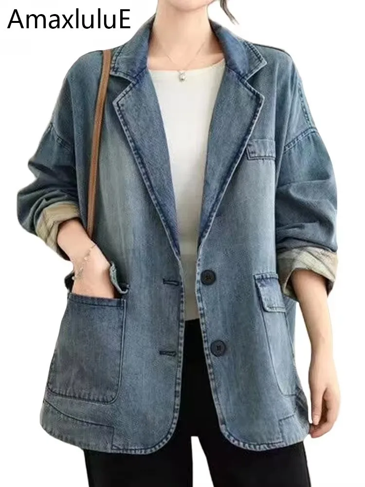 Amax LuluE 2026 Spring Korean Coats Womens Fashion Denim Jackets Ladies Loose Vintage Classic Outerwear Leisure Big Size Clothes