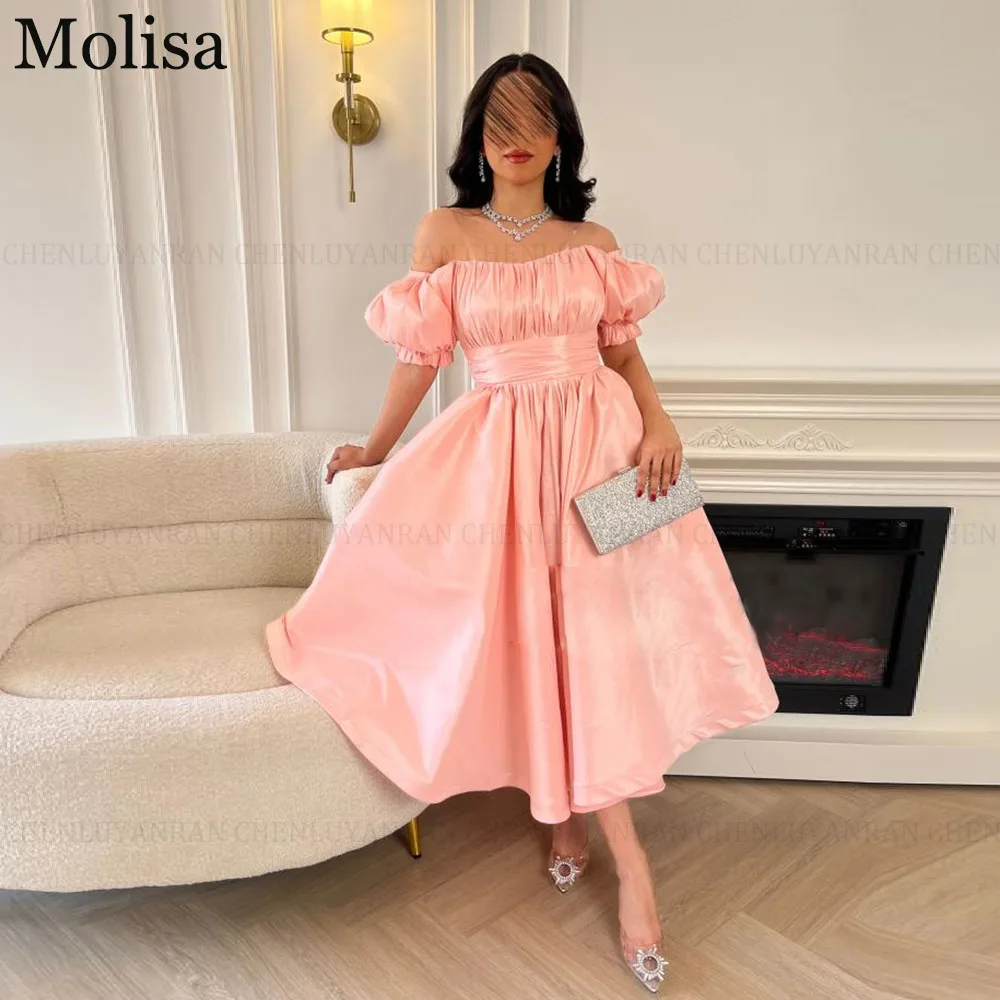 

MOLISA Satin Pink Prom Dress 2024 A-Line Off The Shoulder Short Pleated Party Evening Gown Short Cocktail Dresses فساتين الحفلات