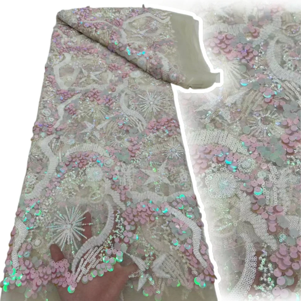 

Pink Sequin Lace Fabric Luxury Nigerian Lace Fabric 2025 High Quality Lace Burnt Orange Beaded Fabric For Wedding TP1623