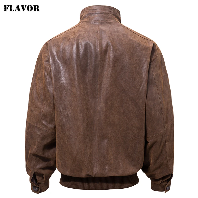 FLAVOR Men's Real Pigskin Leather Casual Jacket Stand Collar Leather Coat Bomber Casual