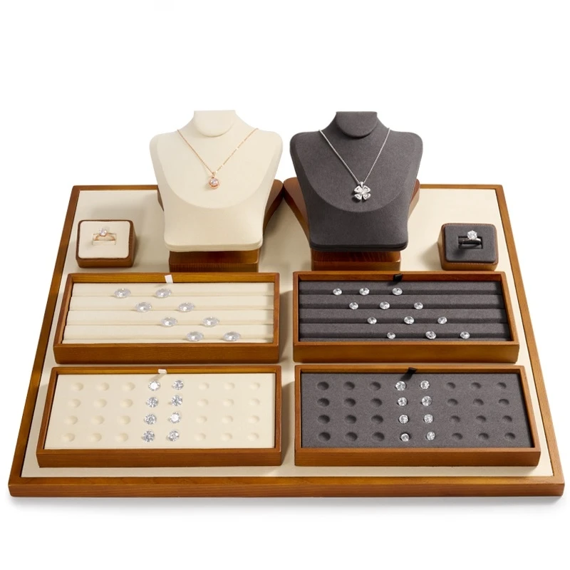 Oirlv Wooden Jewelry Display Set Solid Wood Gems Display Tray Necklace Bust Ring Display Stand Wooden Jewelry Displays Flat Tray