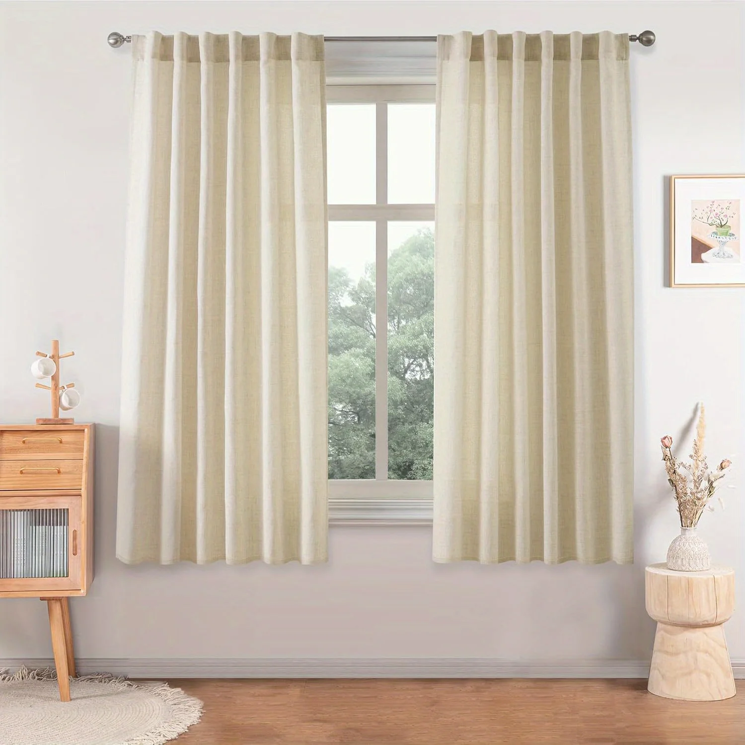 

2 Panels Thick Semi-Sheer Linen Curtains Suitable for Privacy - Light Filtering French Country Boho Rustic Window Drapes with Ba