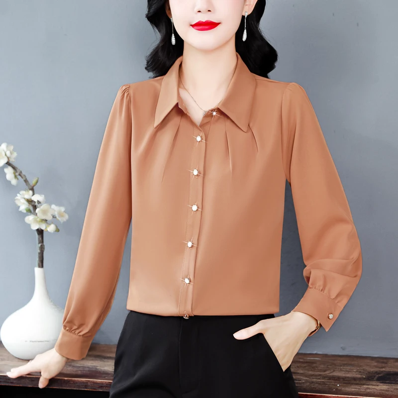 Long Sleeve Women Chiffon Blouse Solid Formal Shirts Women Chic Folds Elegant Office Lady Basic Tops