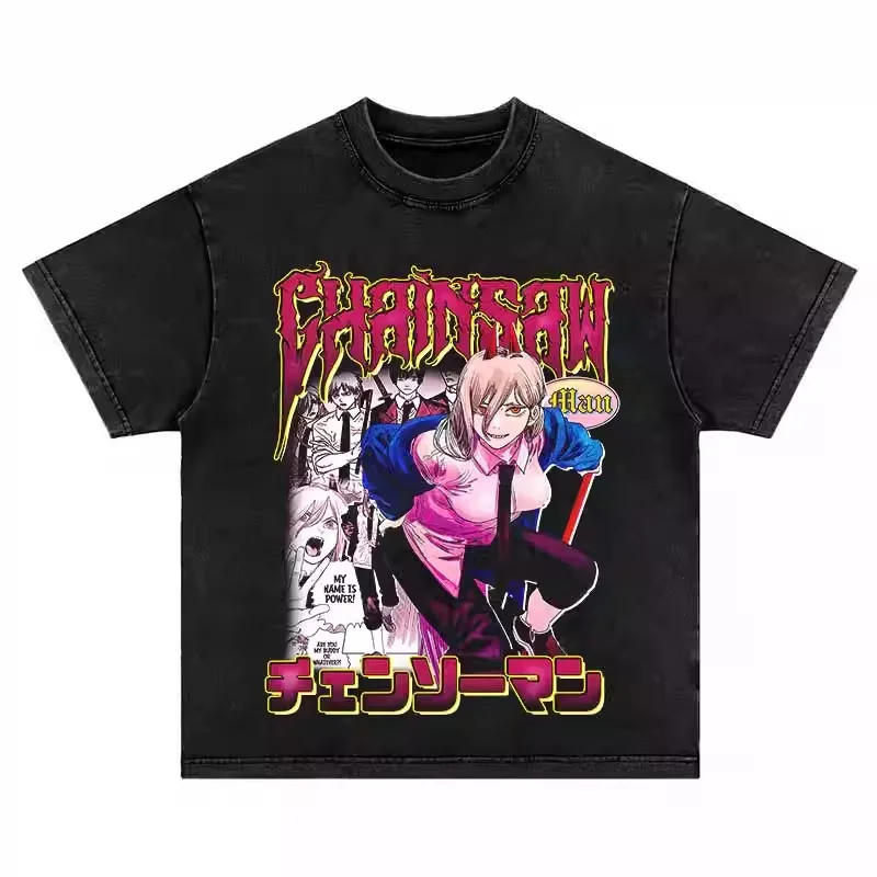 

Chainsaw Man Anime Washed TShirt Character Print Tee Men Women Retro Casual Cotton Short Sleeve Streetwear Tops