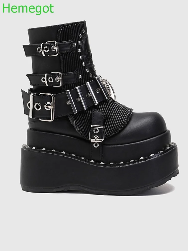 Metalowe nity Punk Buty motocyklowe Okrągłe palce Platforma Gothic Rhinestone Zipper Cool Girl Boots 2024 Nowe czarne damskie krótkie buty