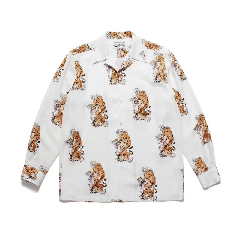 Autumn Winter Multicolour WACKO MARIA Tiger Digital Print Mens Womens Classic Hawaii Long Sleeve Shirt Loose Casual Brand Shirt
