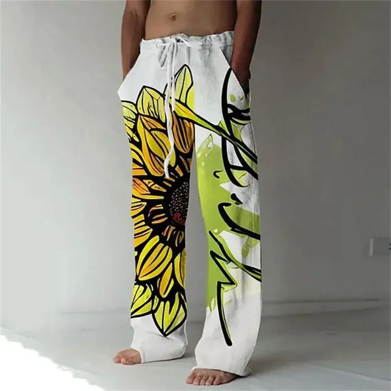 Youth men's new linen spring/summer drawstring loose trend 3D digital printed long leg wide leg pants wholesale