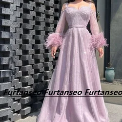 Elegant Pink Evening Gown Sweetheart A-Line Pleated Lace With Feather Long Sleeve 2023 Luxury Dubai Beading Vestidos De Festa