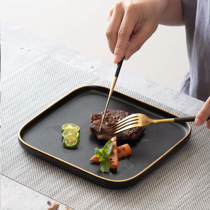 3 Size Black Dishes for Serving Matte Complete Tableware of Dishes  Pieces Square Table Plates Food Plates Set Plate Ceramic