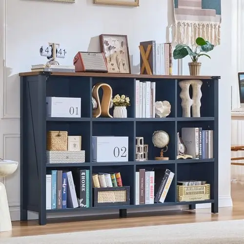 12 Cube Storage Organizer, Farmhouse 62 Inch Wide Brown Walnut Display Bookshelf, Wooden 3 Tier Large Open Book Shelf