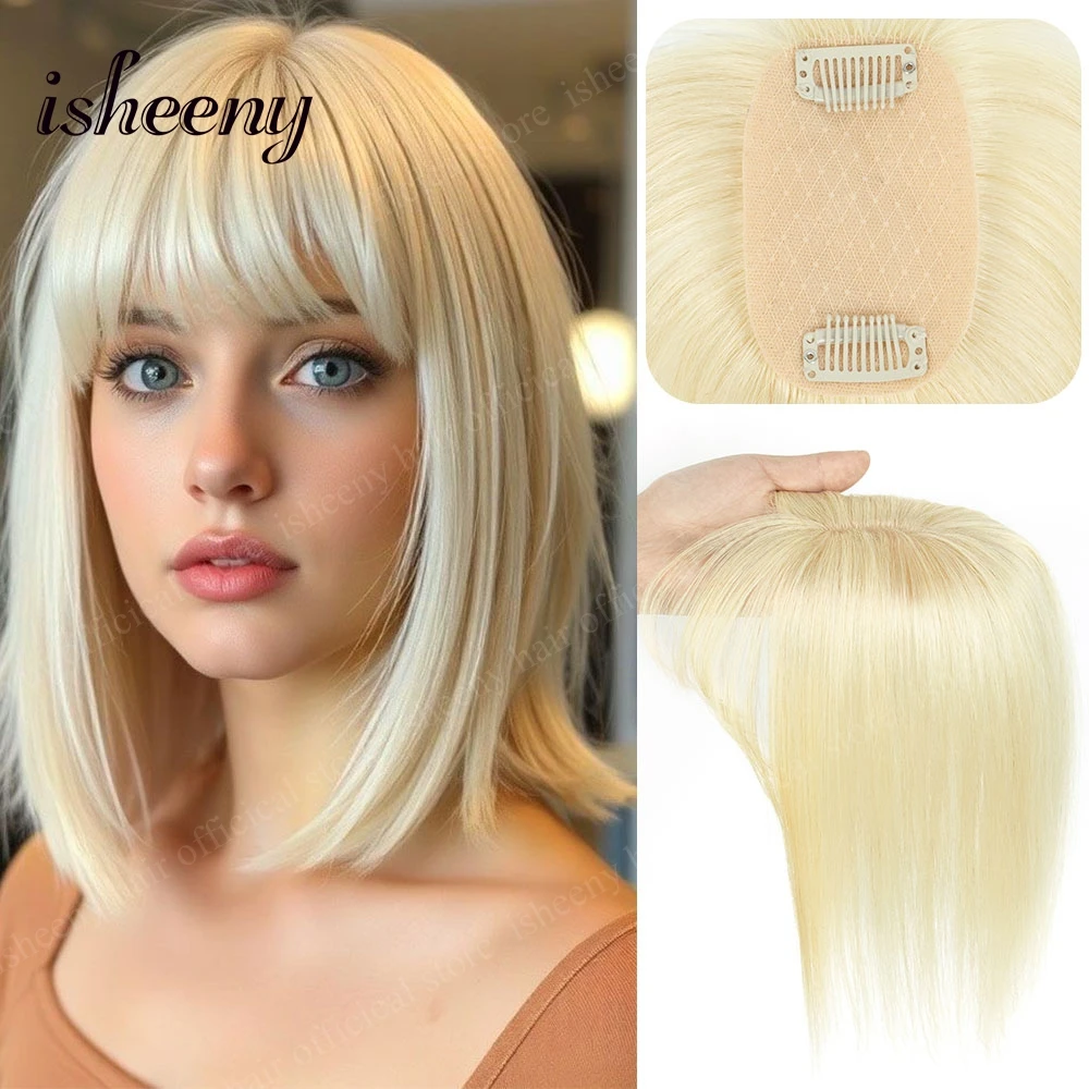

Накладка для волос из натуральных блонд-волос Isheeny, 8-14 дюймов, прямые, с центральным пробором и челкой, на заколках