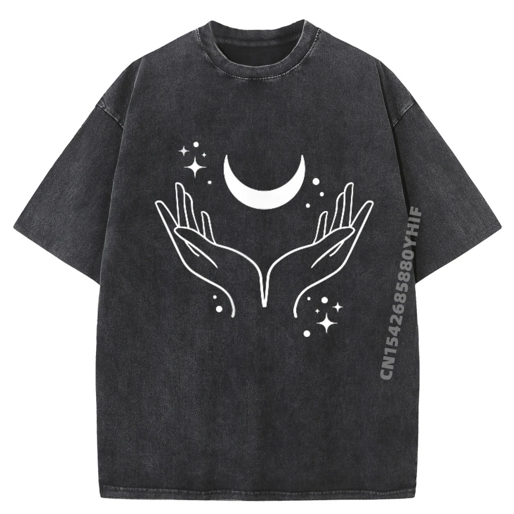 

Leisure Washed Shirt Hands W Crescent Moon Celestial Gothic Lunar Pocket Witchy Streetwear Men's Washed T-Shirts