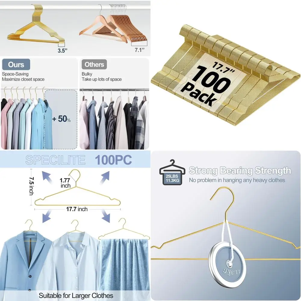 

17,7 Золотые металлические вешалки, упаковка из 100 шт., с зубцами для больших костюмов, рубашек, брюк, сверхпрочные, компактные