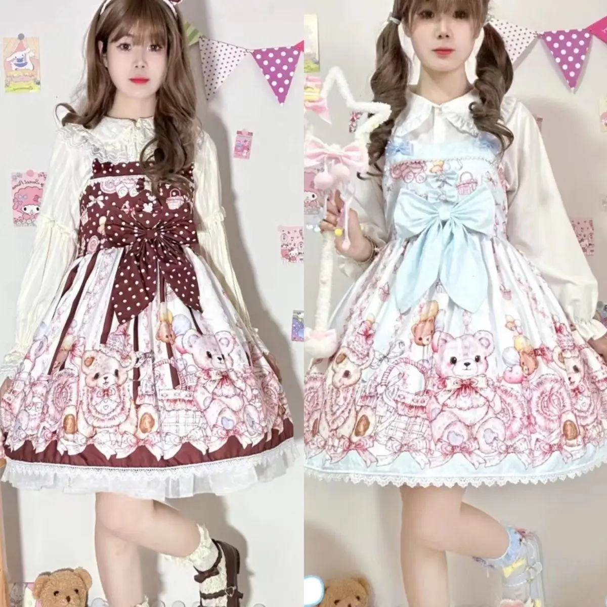 Kawaii Sweet Lolita Princess Dress Women Cute Cartoon Bear Print Bow Strap Dress Kawaii Girl Fashion Tea Party Mini Dress