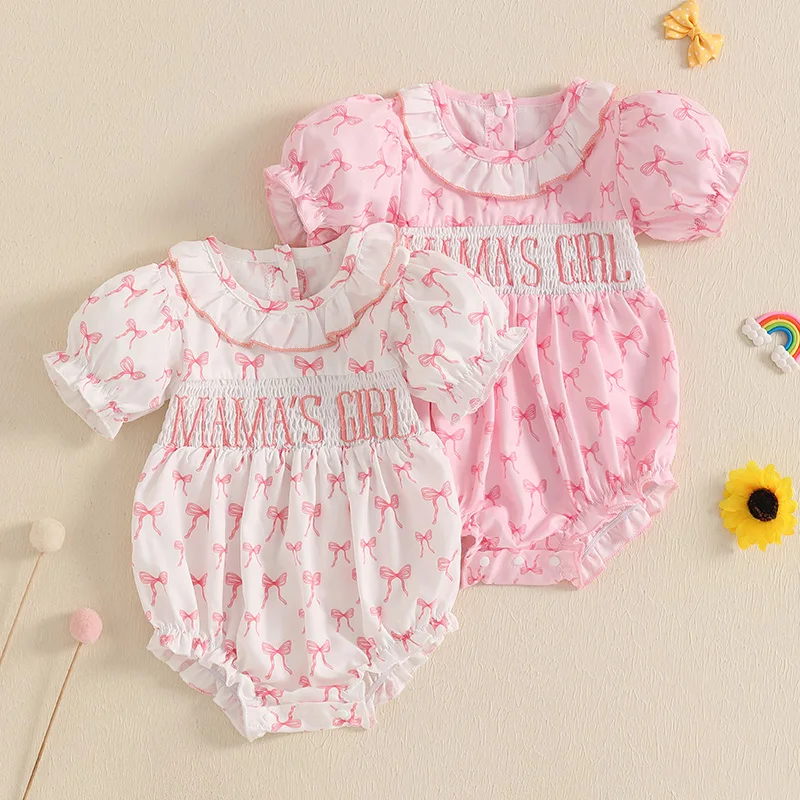 

Lioraitiin Baby Girls Summer Romper Bow Print Letter Embroidery Short Sleeve Ruffled Round Neck Jumpsuit