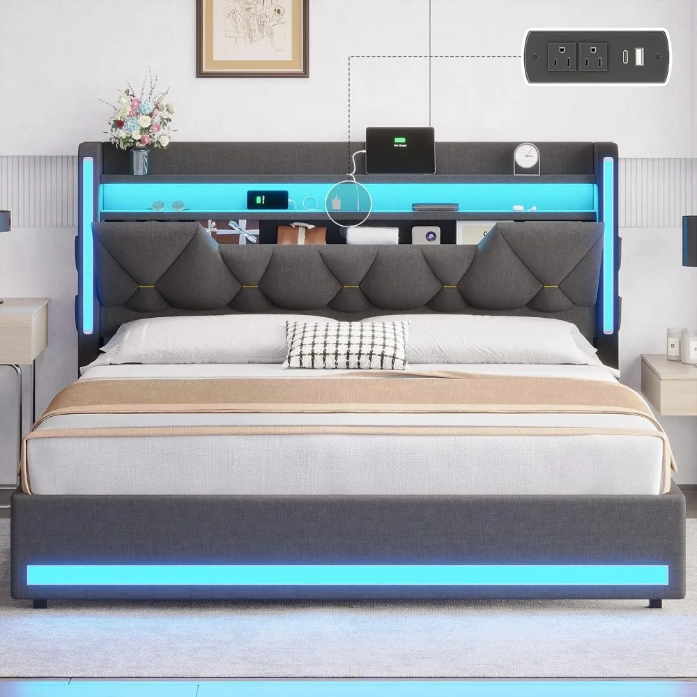 Marco de cama queen LED con cabecera de almacenamiento y almacenamiento oculto, luces LED, con estación de carga, cama tapizada de metal tamaño Queen