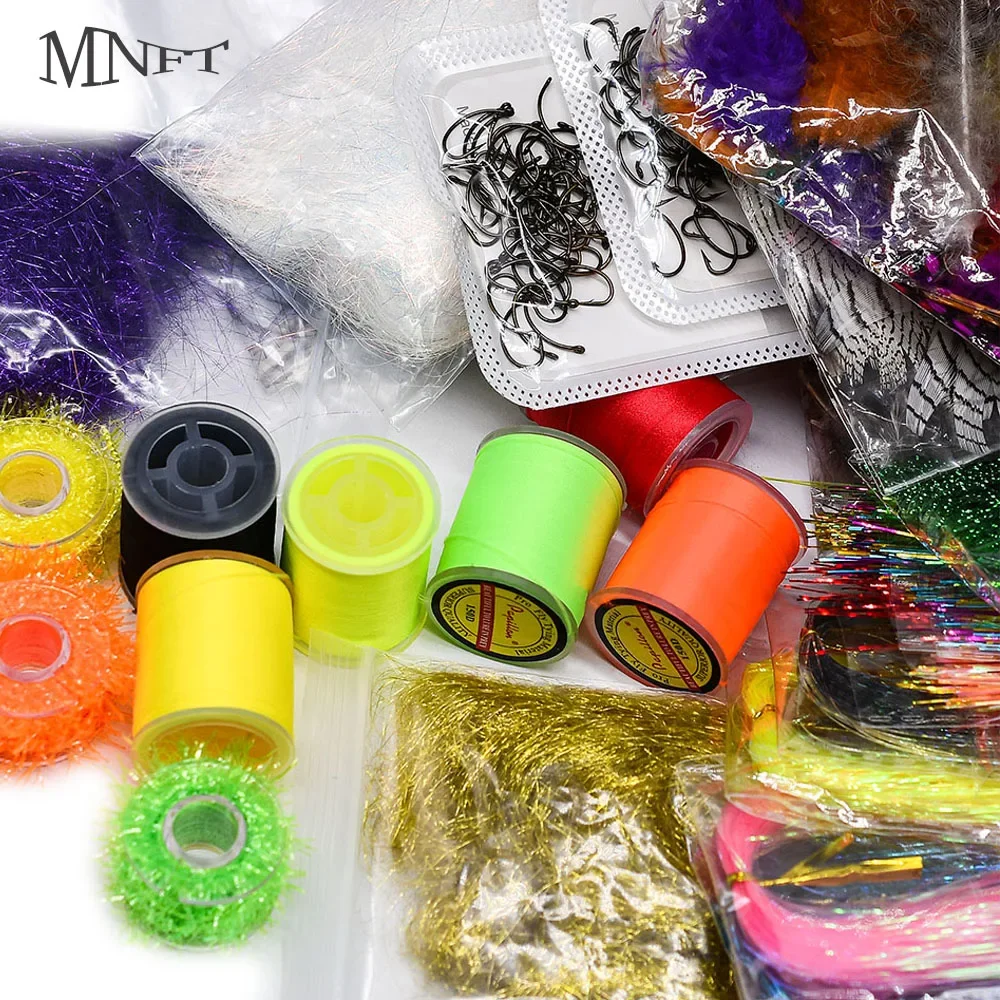 MNFT Anfänger-Set für Fliegenbindematerial, Federn, Fellfaden, Kristall, Blitzlinie, Haken, Fliegenbindematerialien, Starter-Sets