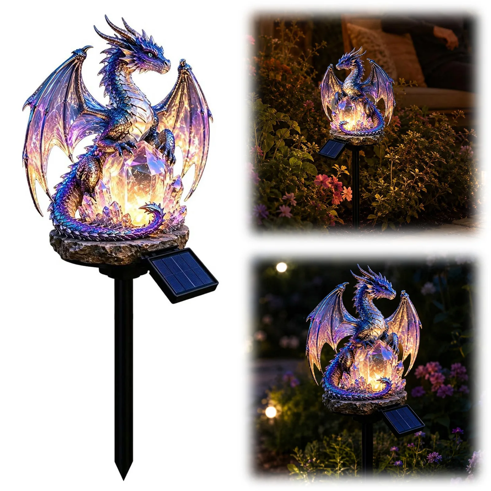 Solar Golden Ember Dragon Stake Lights Weatherproof Gothic Medieval Statue Lamp Multi-Purpose for Housewarming Fantasy Lovers