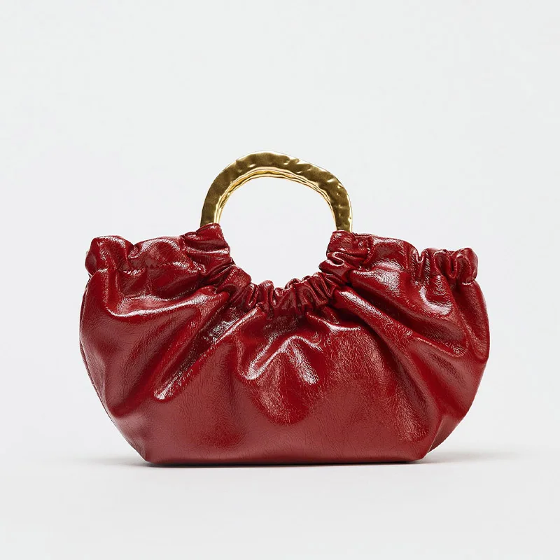 

Fashionable women's oil wax PU leather pleated handbag luxury designer metal handle clutch multifunctional commuting off-road ba