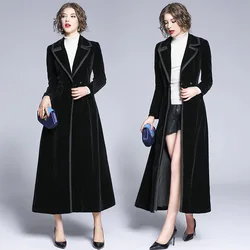 Womens Elegant Slim Notch Lapel Vintage Long Sleeves One Button Midi Maxi Black Velvet Trench Coat Dress Pea Coat Casual Outwea