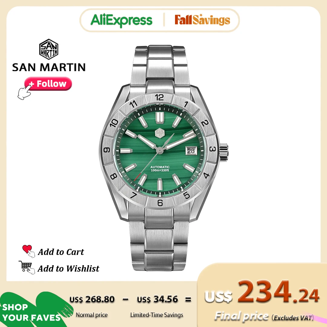 San Martin 42mm Luxury Men Watch Green Malachite Dial Stainless Steel Mechanical wristwatch Sapphire Waterproof 10Bar SN0130G-B