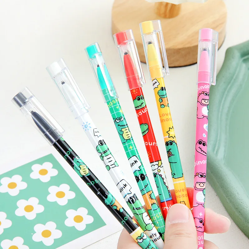 12Pcs/Lot Cute Little Dinosaur Erasable Gel Pens 0.5mm Black Ink Kids School Supplies Kawaii Stationery Washable Handle Pen Gift