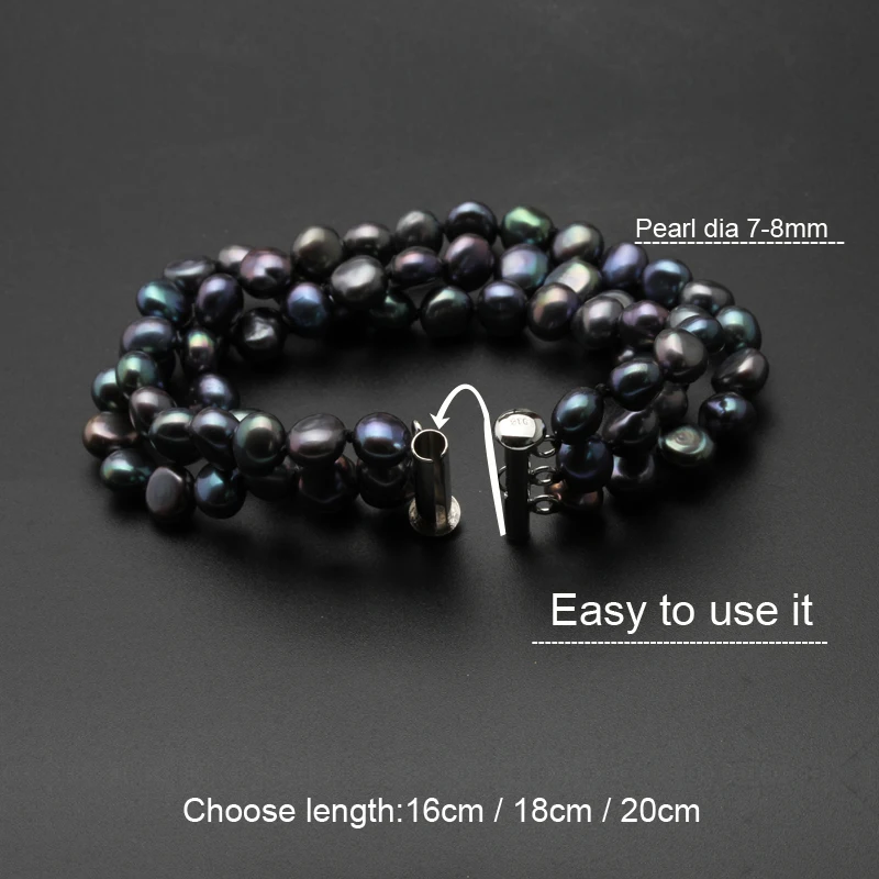 Real Beautiful freshwater 3 rows pearl bracelet for women,girls birthday gift trendy black bracelet 925 silver jewelry