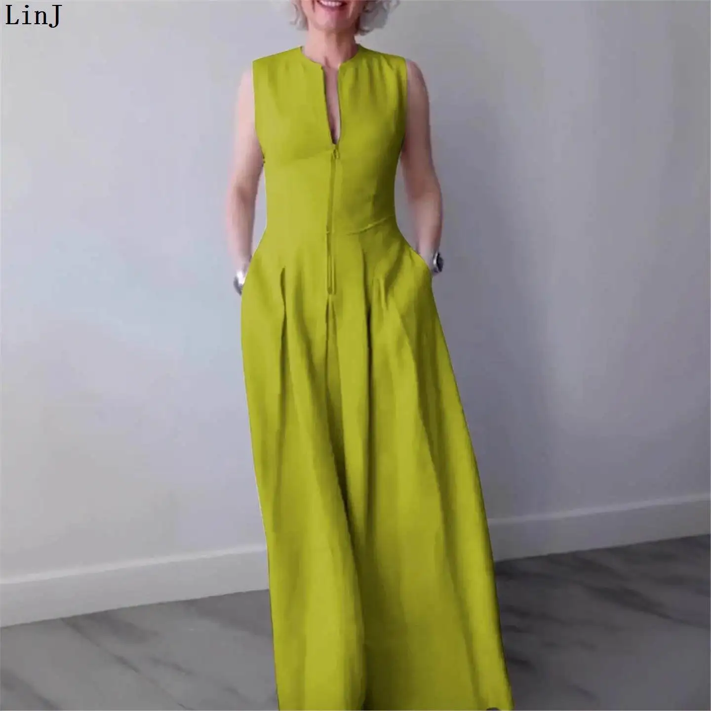 

High Waist Zipper Sleeveless Women's Dress Fashionable Slimming Commute Long Dress Pure Color LinJ Spicy Girl Stylish Ensemble