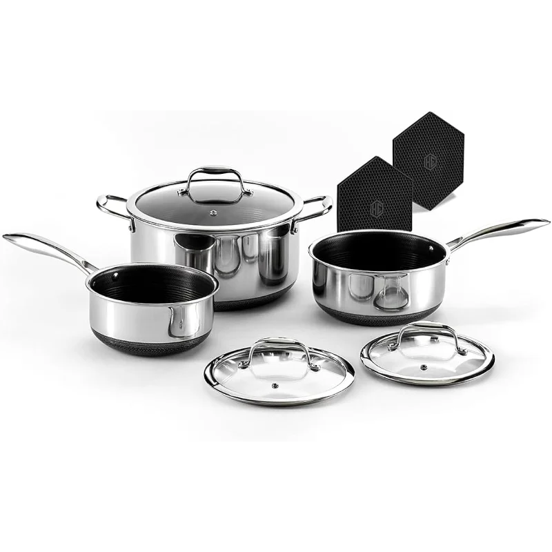 HexClad Hybrid Nonstick 6-Piece Pot Set with Trivets, 2, 3, and 8-Quart Pots with Tempered Glass Lids