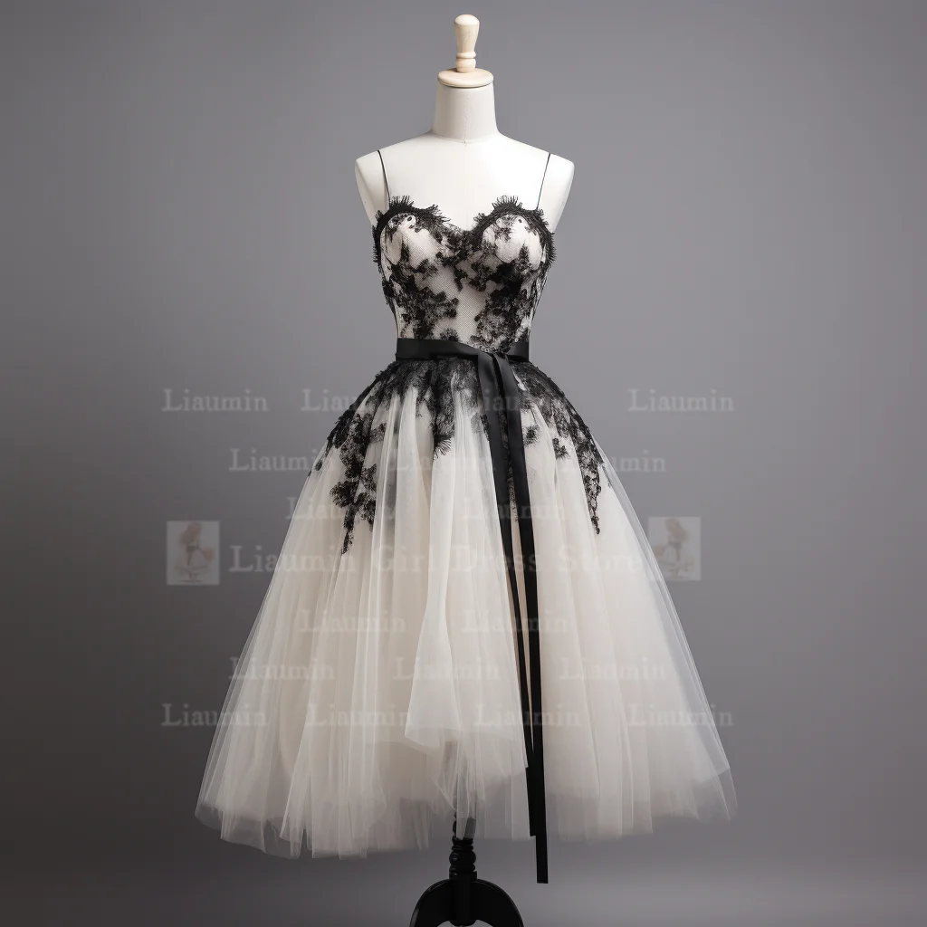 White Tulle and Black Lace Edge Applique Short Length Lace Up Evening Dress Formal Occasion Elagant Clohing Customized W1-1