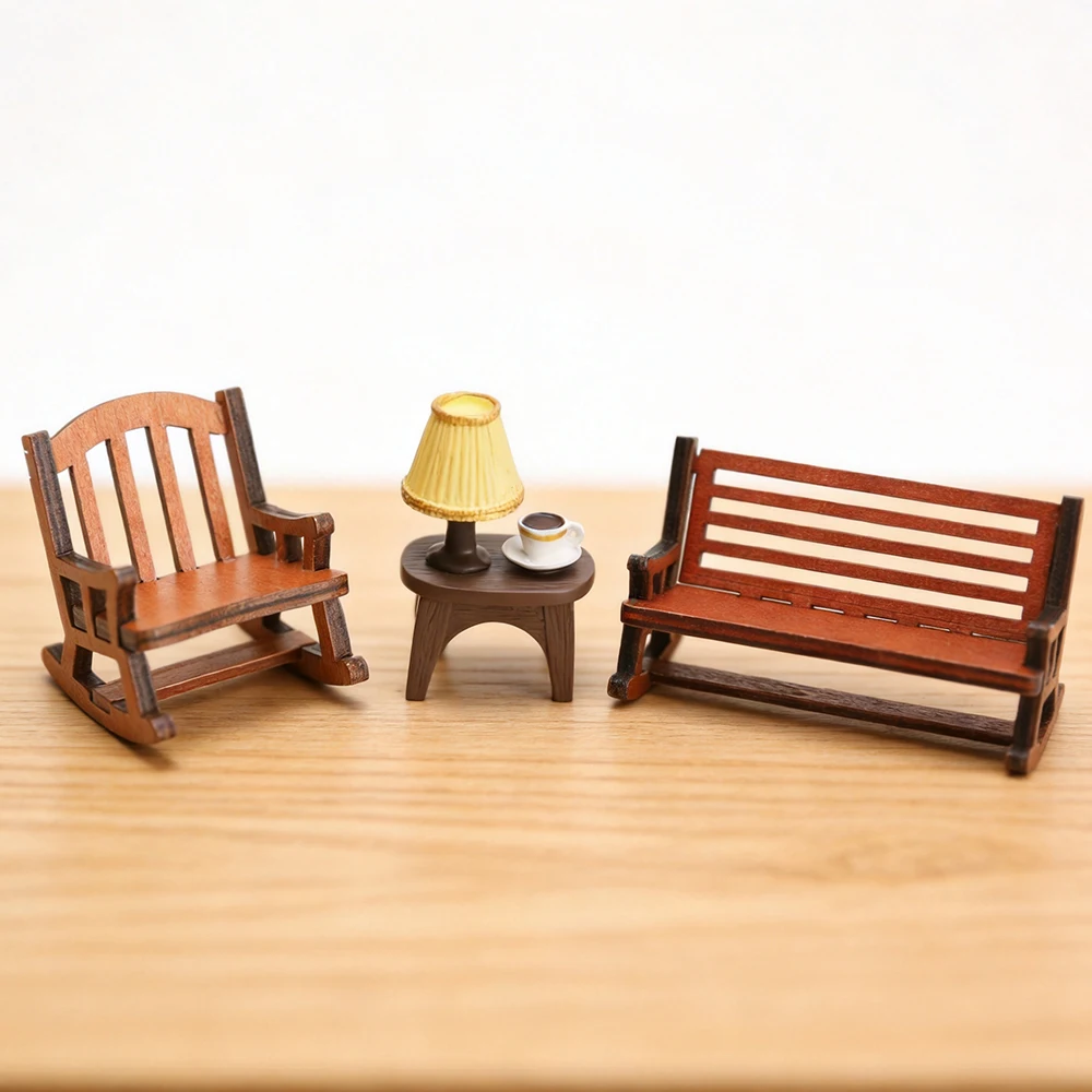 Miniature Wooden Furniture Set Retro Rocking Chair Park Bench Coffee Table Hand Carved Wood Ornament Micro Scene Home Desktop