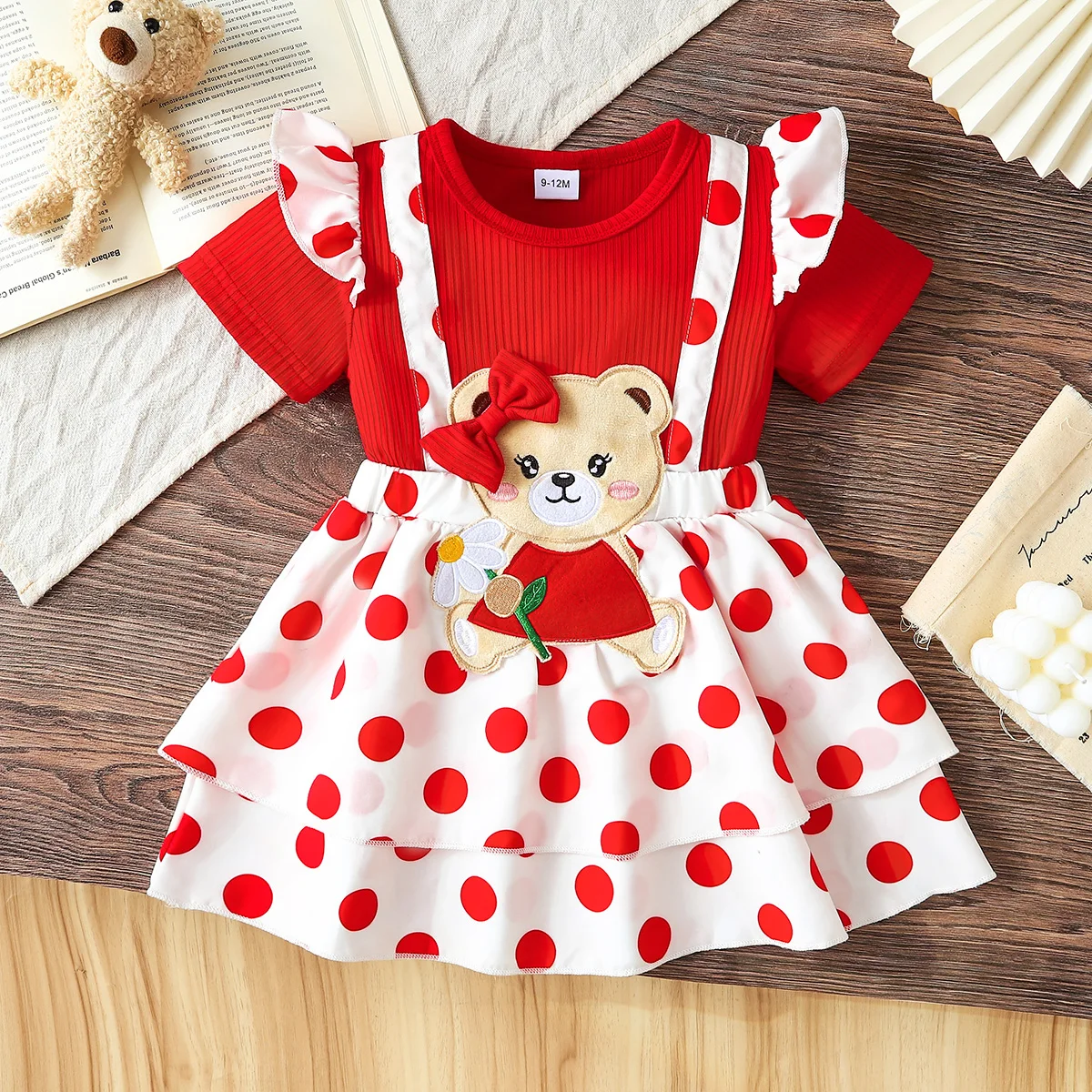 1pc Summer Girls Polka Dot Bear Embroidery Dress, Ruffle Sleeve Layered Skirt, Sweet Cute Style, Daily/Party Wear, 0-3Y, Breatha