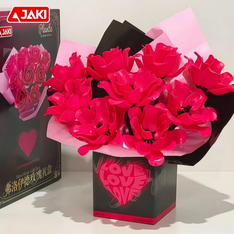 

JAKI Pink Floyd Rose Подарочная коробка Сборочные блоки Kawaii Игрушечная модель Настольное украшение для подруги Праздничный подарок