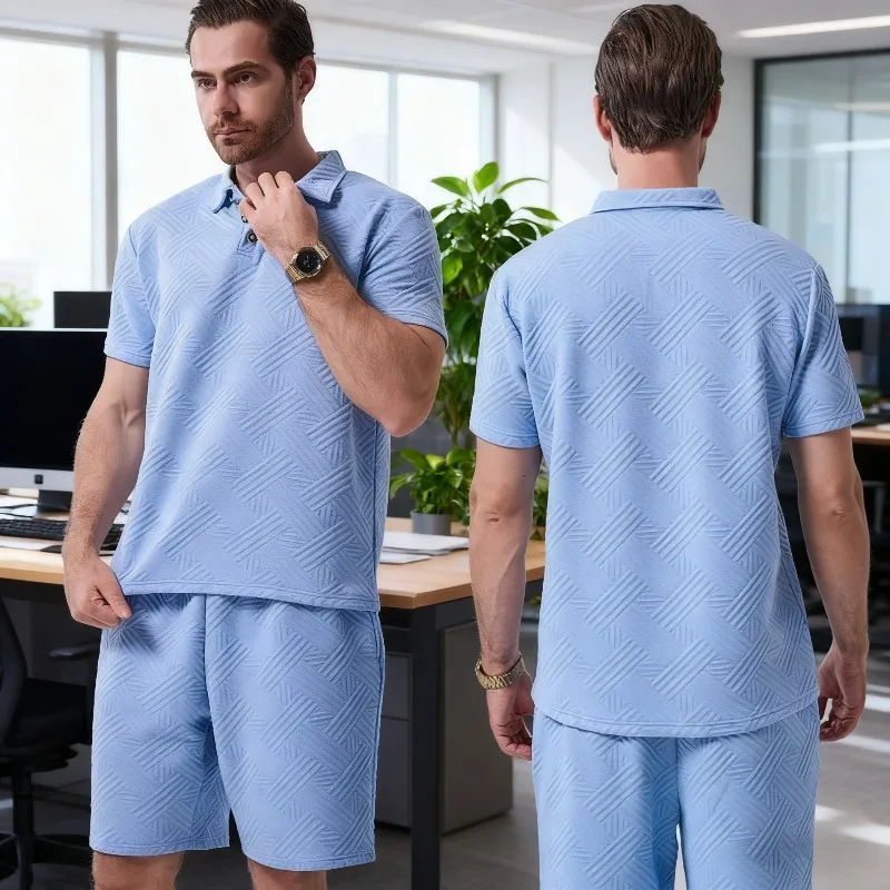 

2025 Summer Men's 2 Piece Set, Jacquard Polo Shirt with Shorts, Casual Solid Color Short Sleeve Outfit Set for Men