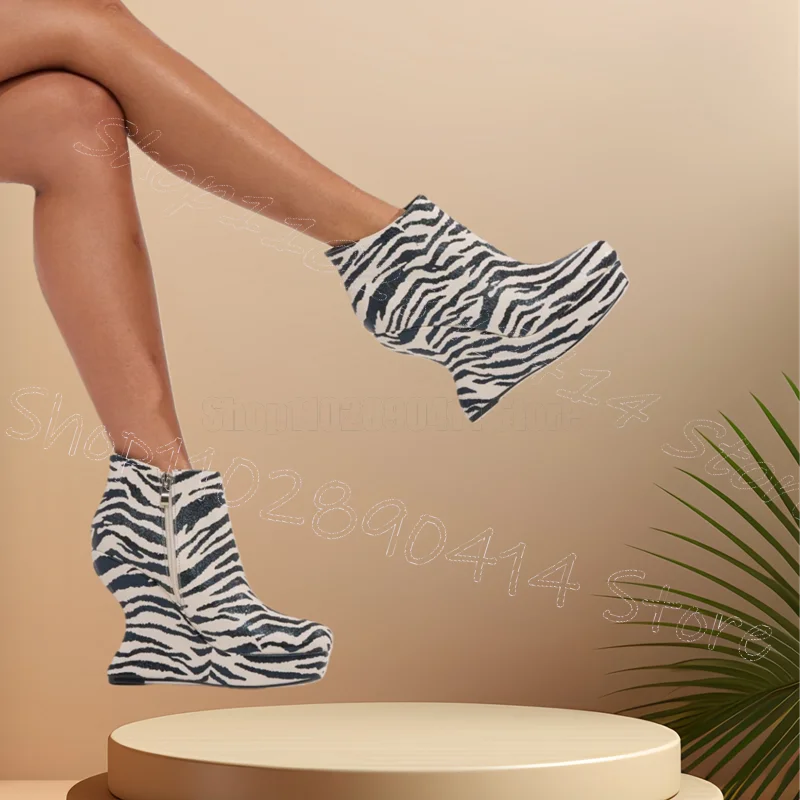 

Zebra Print Strange Style Heels Platform Boots Side Zipper Women Shoes Round Toe Party Banquet Dating 2026 Zapatos Para Mujere