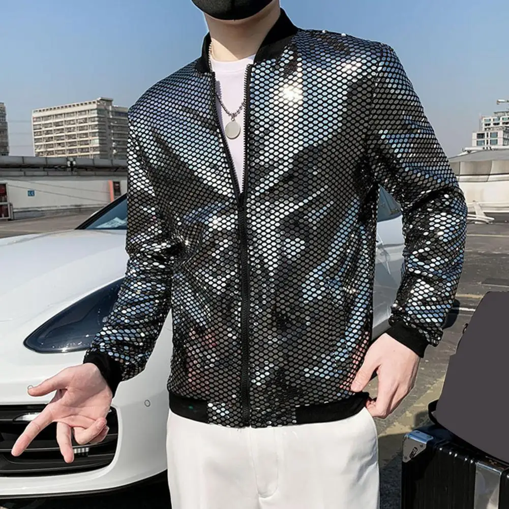 

Sequin Design Men Jacket Sequined Stand Collar Men's Baseball Uniform Style Jacket for Club Stage Streetwear for Night