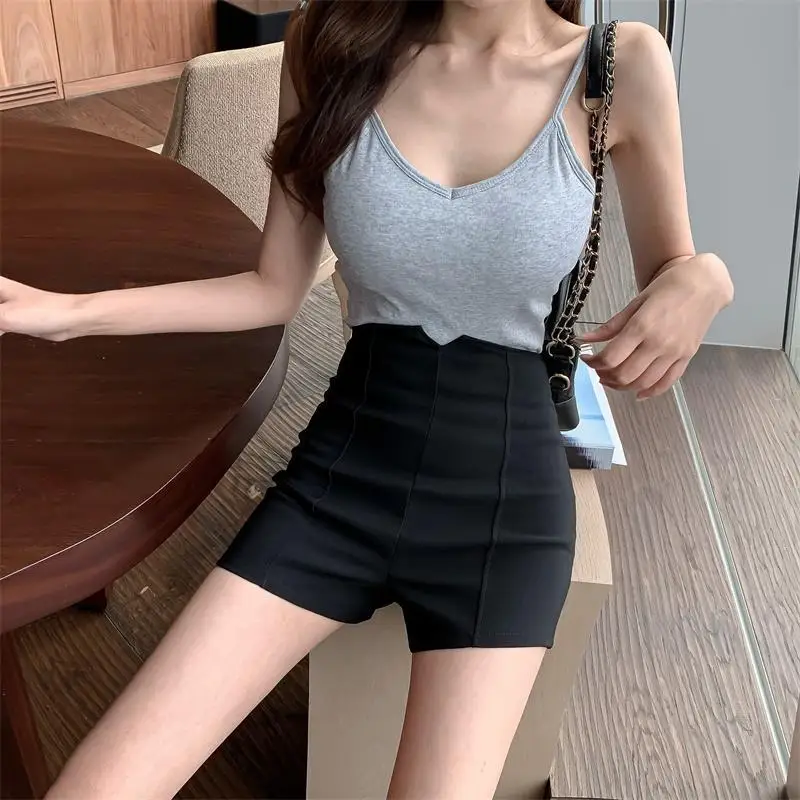 Black Shorts Women Retro Design Zipper Skinny Short High Waist Leisure All-match Streetwear Slim Stretchy Trousers Lady Clothing