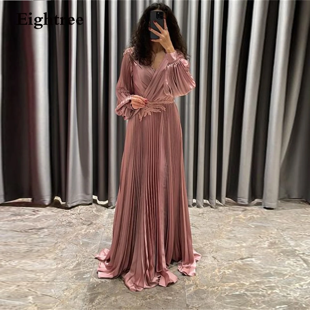 

Eightree Dirty Pink Appliques Evening Dress Long A Line Satin Puff Sleeves Pleat Vestidos De Noche Formal Occasion Dresses 2023