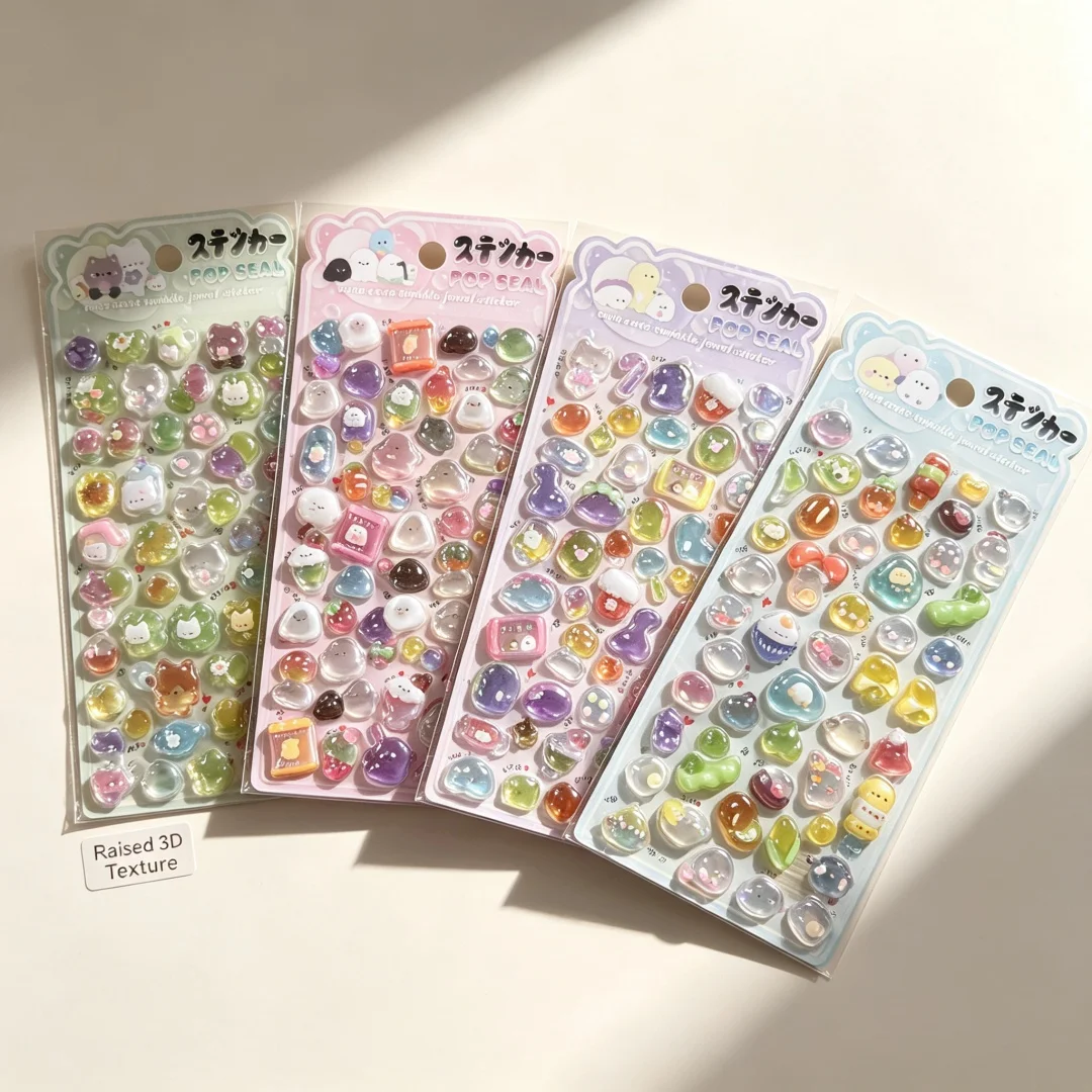 4Sheets Cute Cartoon Monster 3D Crystal Epoxy Glossy Raised Waterproof Self-Adhesive Kawaii Character Stickers
