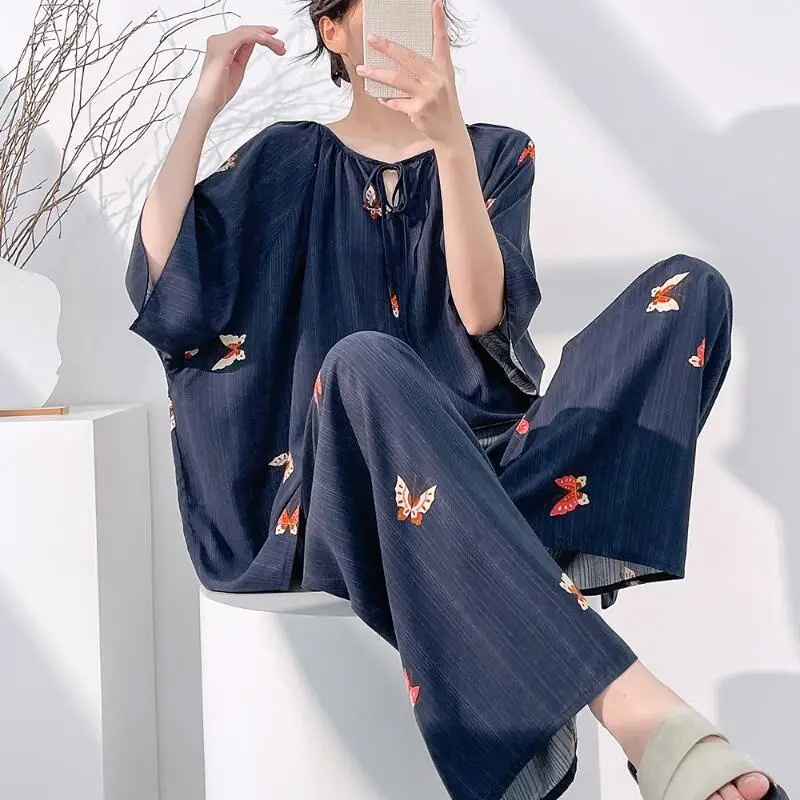 Hot 2026 Spring Summer New Women Cool Comfort Sleepwear Set Fashion Printed Loose Wide Leg Pants Large Home Clothes Two Pieceset