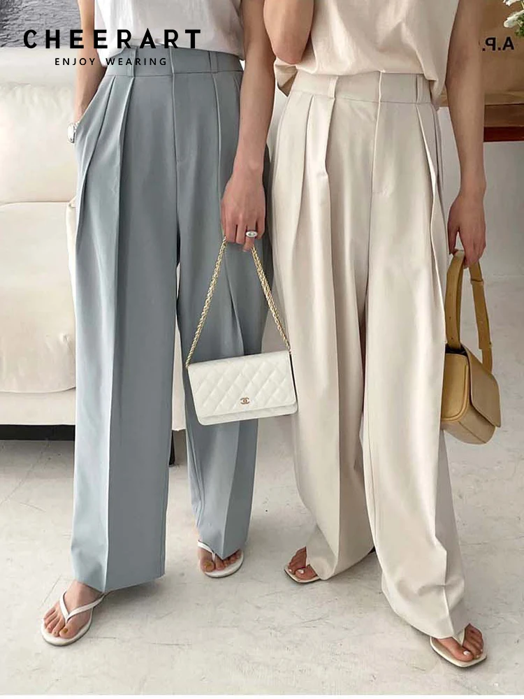 CHEERART Korean Fashion Summer 2022 High Waist Pants Women Loose Trousers Beige Blue Baggy Harem Pants Bottoms Clothing