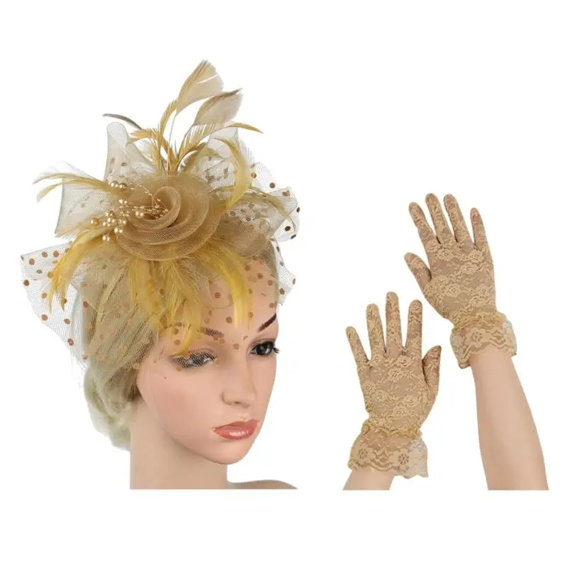 39BD Set aus zartem Brautschleier, Fascinator und Handschuhen mit Zierfedern für Bräute – Detail 8