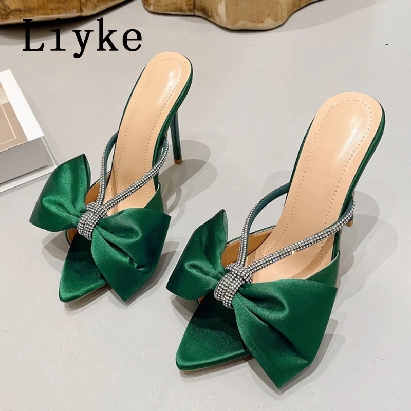 Liyke Sexy Party Nightclub Stripper Heels 11CM Slippers Fashion Bowknot Pointed Open Toe Crystal Rhinestone Shoes Women Sandals