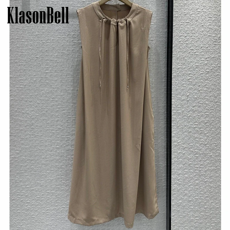 

5.28 KlasonBell 2024 New Round Collar Drawstring Ruched Tank Midi Dress For Women Elegant Temperament Loose Sleeveless Dress