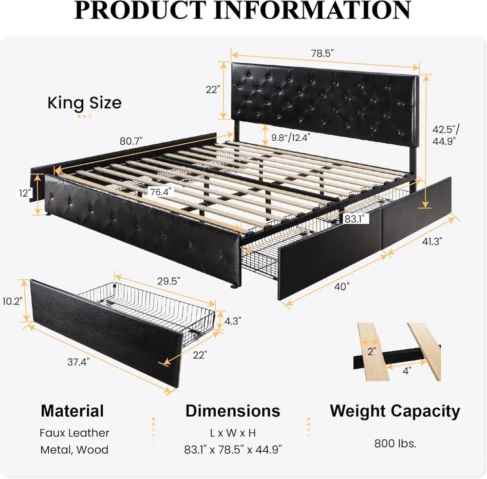 SHA CERLIN Upholstered King Platform Storage Bed Frame with 4 Drawers, Adjustable Headboard with Faux Leather Diamond Button