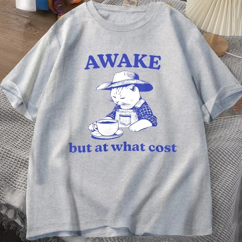 เสื้อยืดผู้ชายลายแมวตลกพร้อมกาแฟ สไตล์วินเทจ Y2K ตลกขบขัน สำหรับคนรักสัตว์