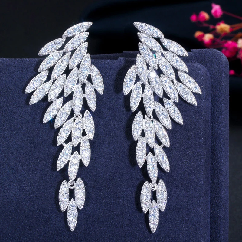 ThreeGraces Sparkling Cubic Zirconia Feather Wing Shape Long Dangle Drop Earrings for Women Fashion Party Costume Jewelry ER967