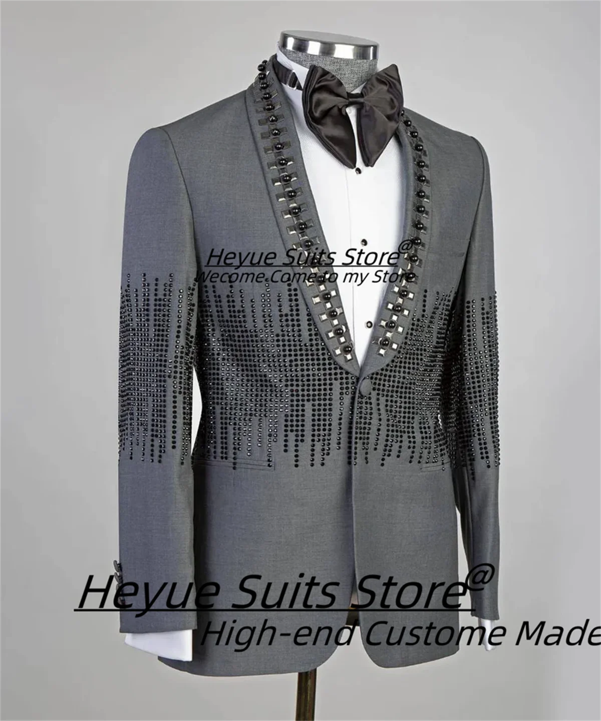 Luxuly Stone Stitched Formal Prom Men Suits Customized Slim Fit Shawl Lapel Groom Wedding Tuxedos 2Pieces Sets Male Prom Blazers