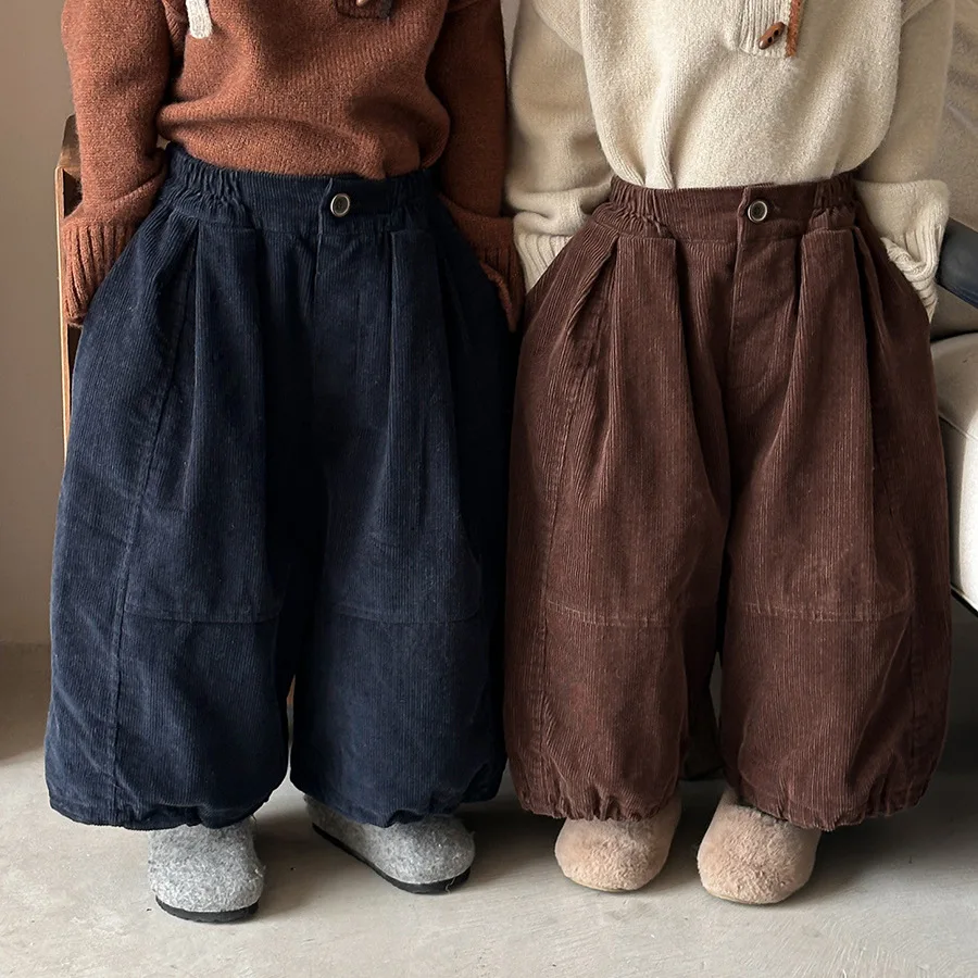Children Pants 2026 Winter New Corduroy Wide-leg Pants for Boys and Girls Retro Casual Trousers 80-140cm