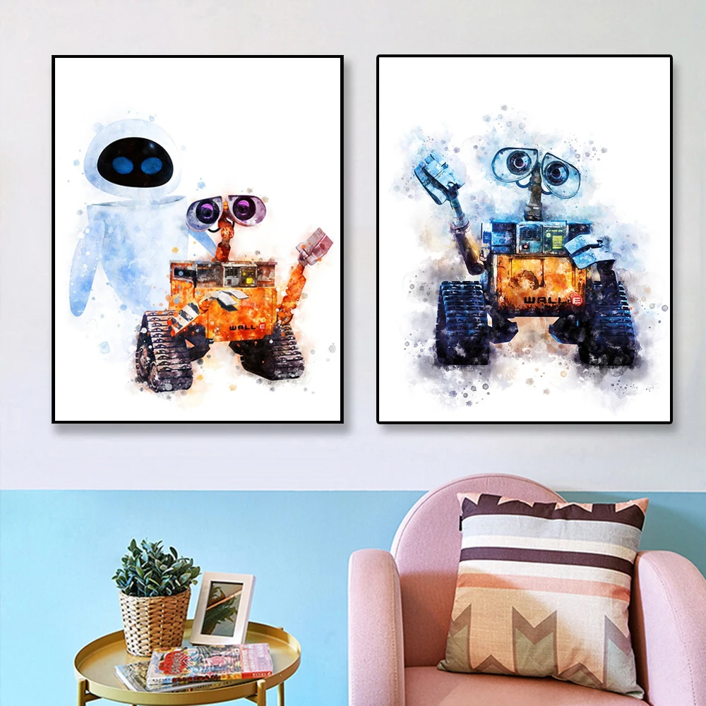 Disney Movie Poster Wall-E and Eve Watercolor Art Print Wall-E Robot Canvas Painting Kids Bedroom Wall Decoration Best Gift